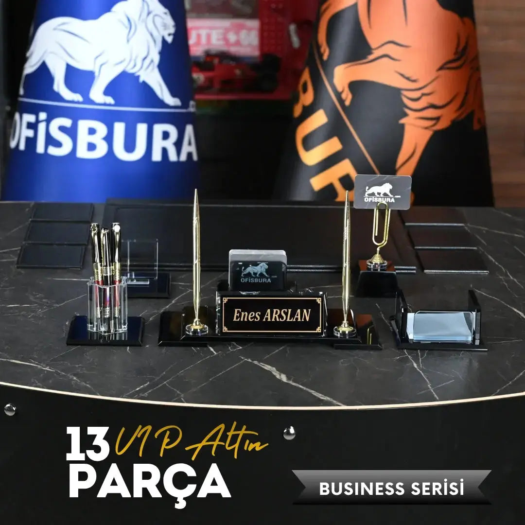 VIP 13 Parça Kristal Sümen Takımı ve Masa İsimliği Seti - Altın Aksesuarlı ofisbura