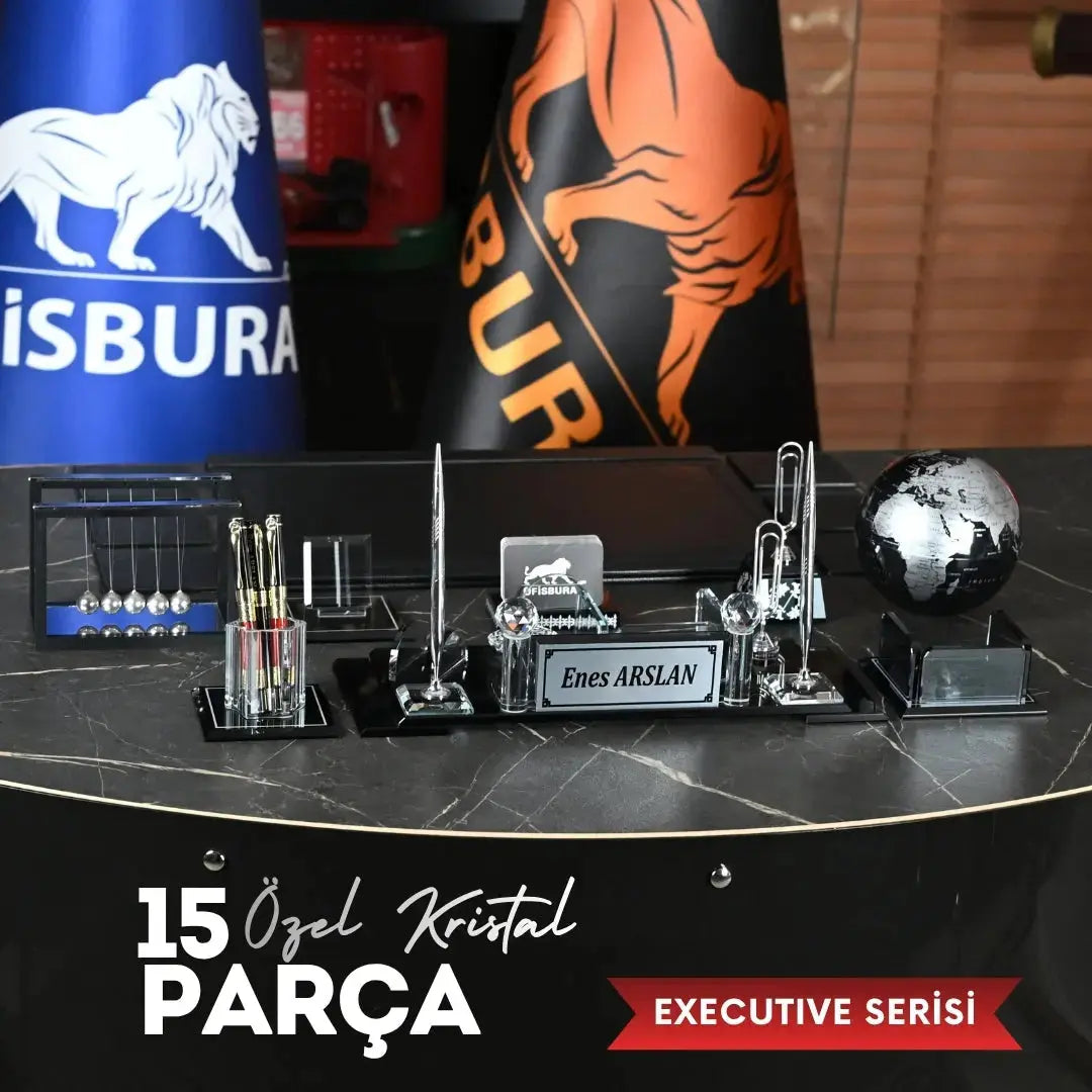 15 Parça Kristal Sümen Takımı ve Masa İsimliği Seti - Büyük Boy İsimlikli Gümüş Aksesuarlı ofisbura