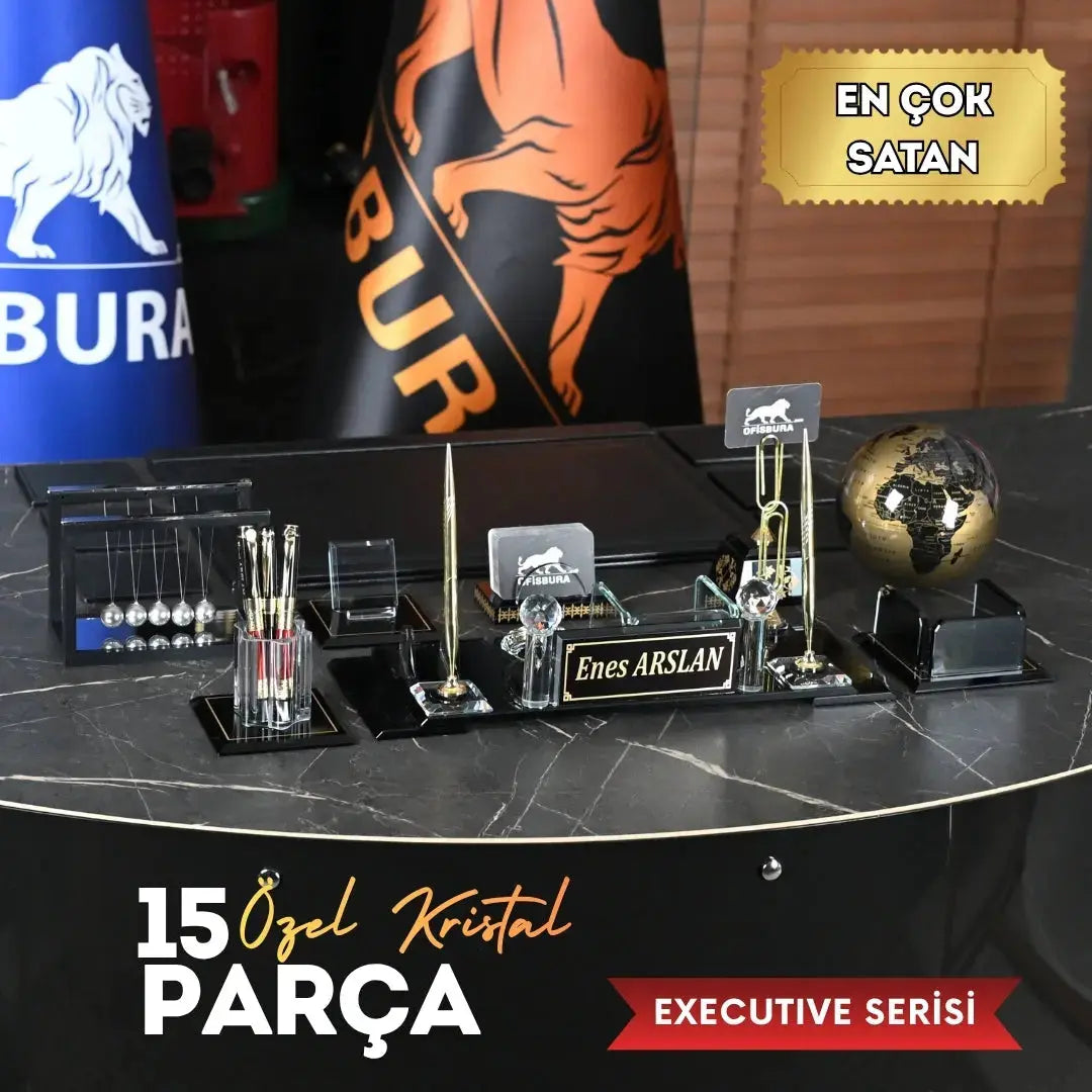 15 Parça Kristal Sümen Takımı ve Masa İsimliği Seti - Büyük Boy İsimlikli Altın Aksesuarlı ofisbura