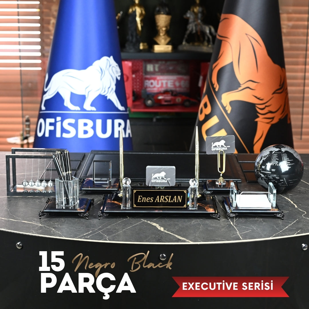 Negro | Premium Kristal Masa Üstü İsimlik Seti - 15 Parça - Lüks Ofis Masaüstü Sümen Takımı
