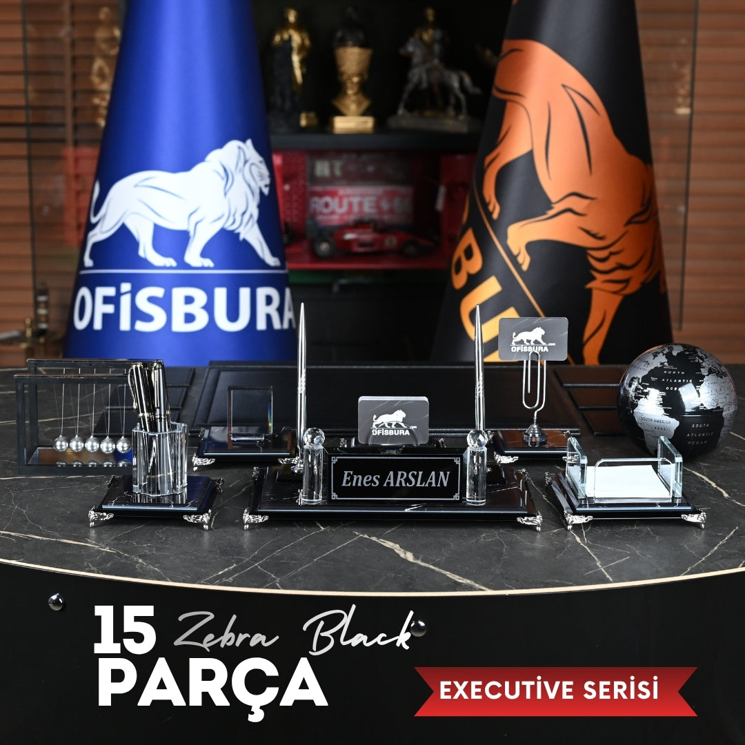 Zebra Black | Premium Kristal Masa Üstü İsimlik Seti - 15 Parça - Lüks Ofis Masaüstü Sümen Takımı