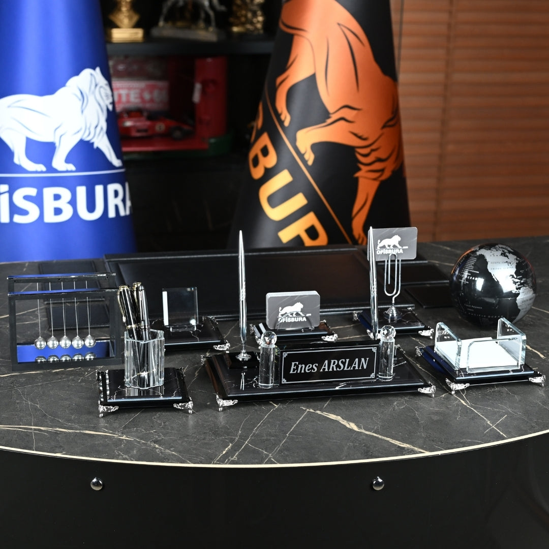 Zebra Black | Premium Kristal Masa Üstü İsimlik Seti - 15 Parça - Lüks Ofis Masaüstü Sümen Takımı