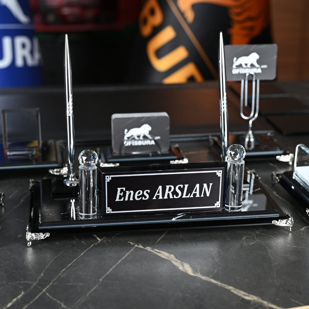 Zebra Black | Premium Kristal Masa Üstü İsimlik Seti - 15 Parça - Lüks Ofis Masaüstü Sümen Takımı