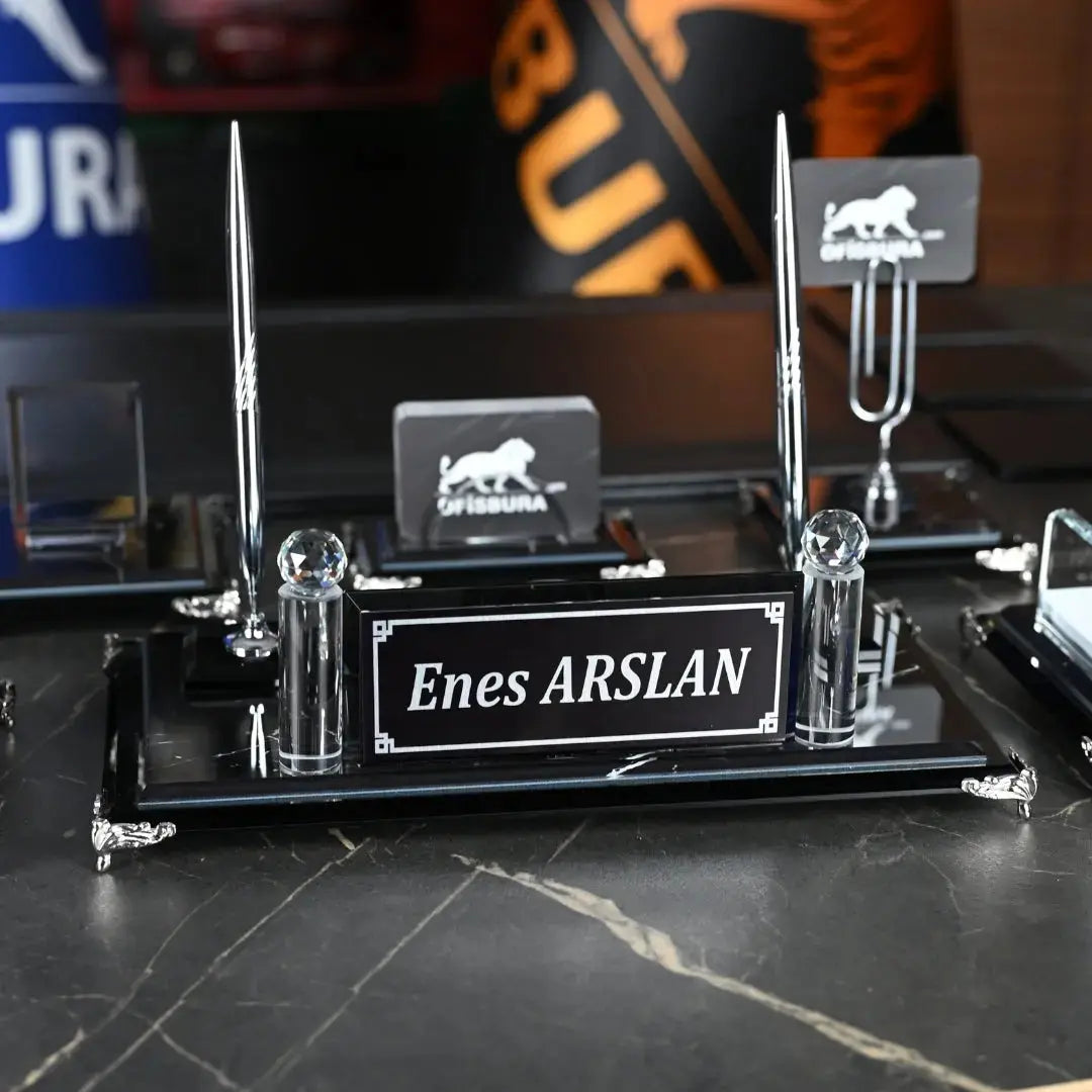 Zebra Black | Premium Kristal Masa Üstü İsimlik Seti - 15 Parça - Lüks Ofis Masaüstü Sümen Takımı Ofisbura