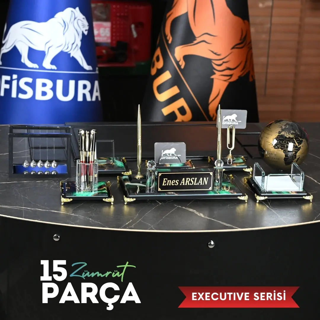 Zümrüt | Premium Kristal Masa Üstü İsimlik Seti - 15 Parça - Lüks Ofis Masaüstü Sümen Takımı Ofisbura