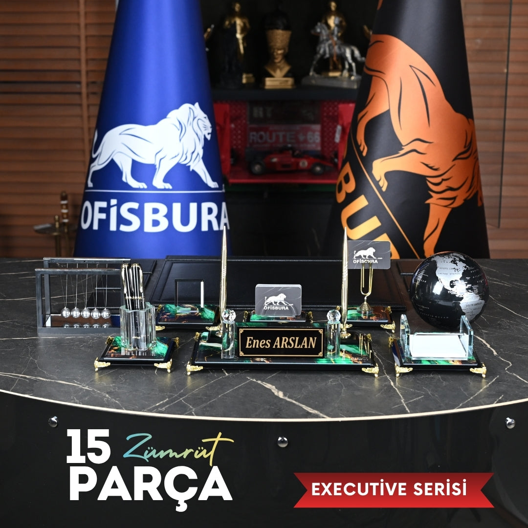 Zümrüt | Premium Kristal Masa Üstü İsimlik Seti - 15 Parça - Lüks Ofis Masaüstü Sümen Takımı