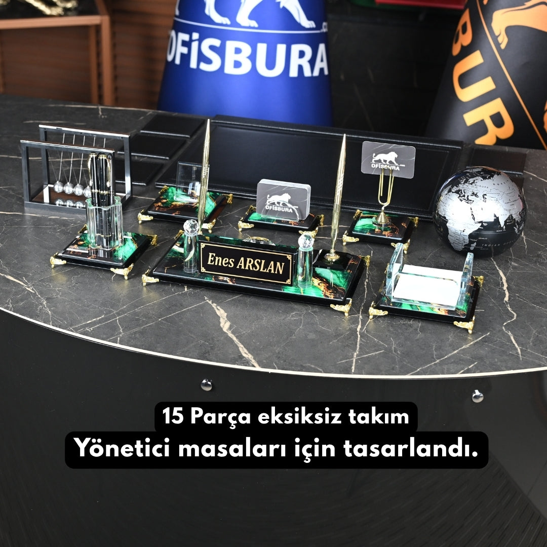 Zümrüt | Premium Kristal Masa Üstü İsimlik Seti - 15 Parça - Lüks Ofis Masaüstü Sümen Takımı