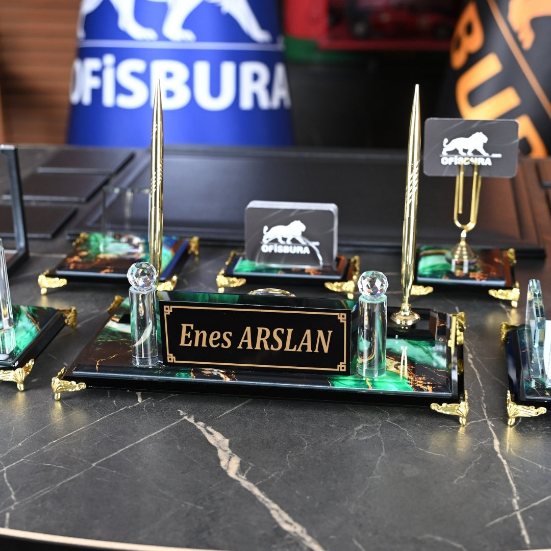 Zümrüt | Premium Kristal Masa Üstü İsimlik Seti - 15 Parça - Lüks Ofis Masaüstü Sümen Takımı