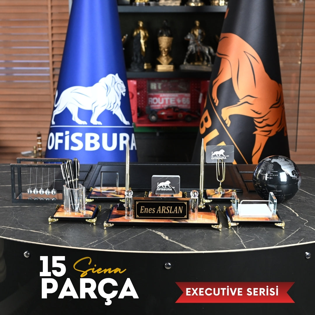 Siena | Premium Kristal Masa Üstü İsimlik Seti - 15 Parça - Lüks Ofis Masaüstü Sümen Takımı Ofisbura