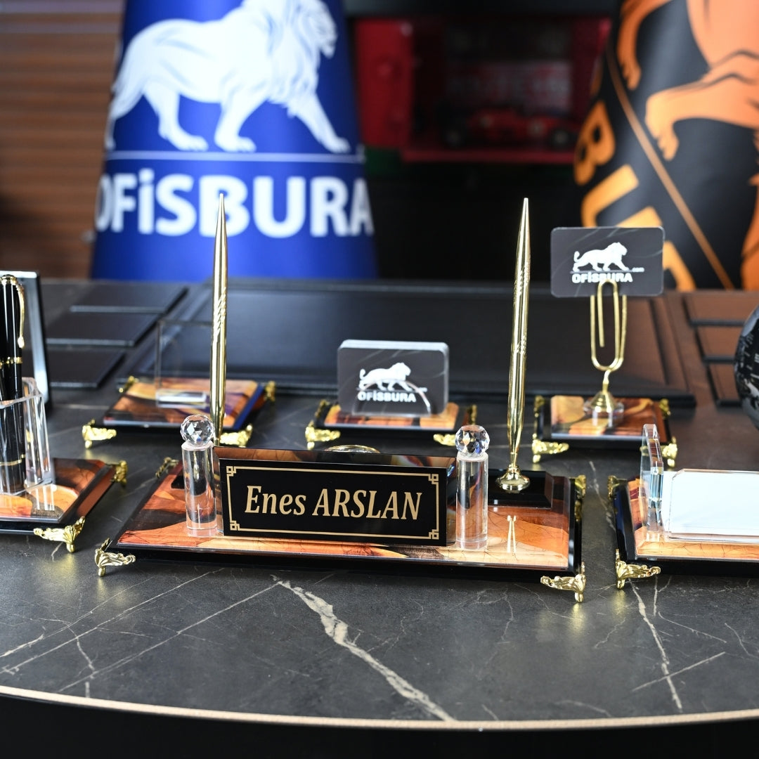 Siena | Premium Kristal Masa Üstü İsimlik Seti - 15 Parça - Lüks Ofis Masaüstü Sümen Takımı