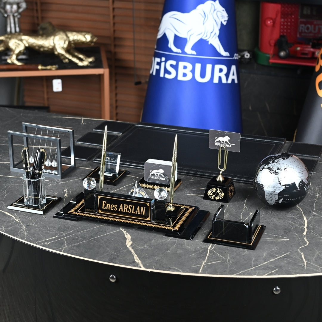 Diamond | Premium Kristal Masa Üstü İsimlik Seti - 15 Parça - Lüks Ofis Masaüstü Sümen Takımı Ofisbura