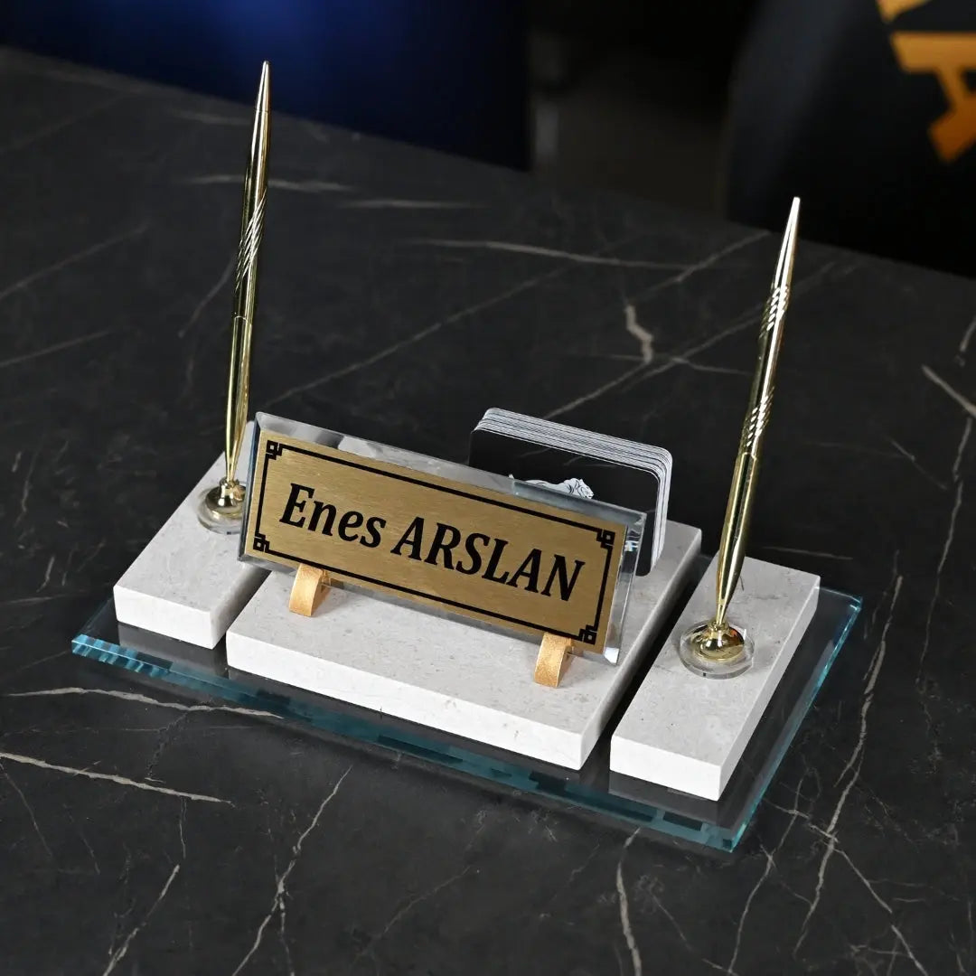 Efes Krem Altın Detaylı Doğal Mermer | Lüks Masa İsimliği Seti - 30 × 16 Cm ofisbura