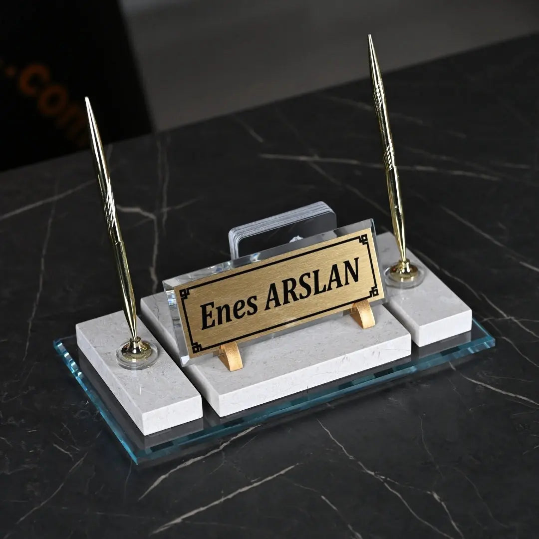 Efes Krem Altın Detaylı Doğal Mermer | Lüks Masa İsimliği Seti - 30 × 16 Cm ofisbura