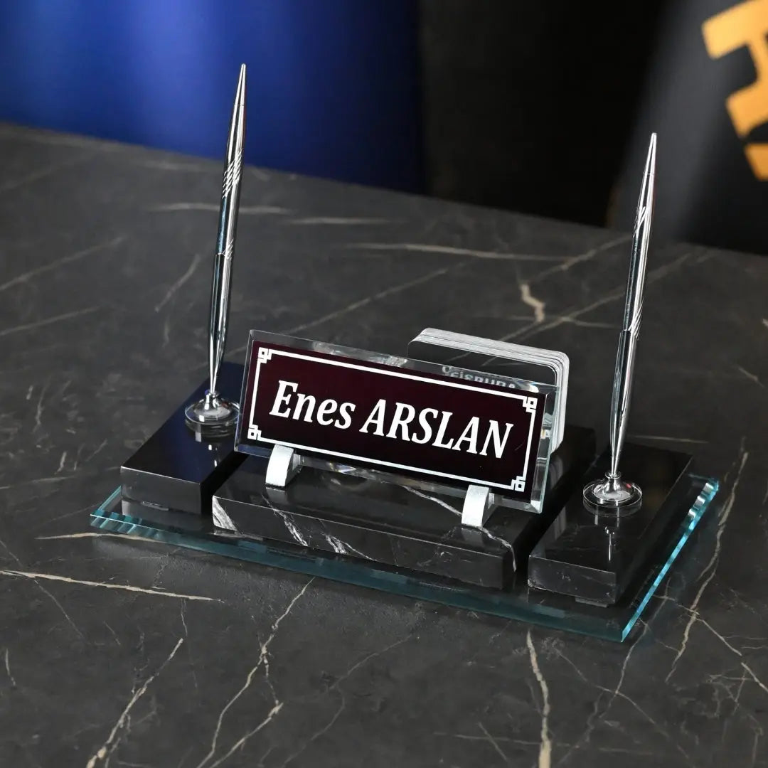 Efes Siyah Mermer Masa İsimliği | Gümüş Aksesuarlı Lüks Set - 30 × 16 Cm ofisbura