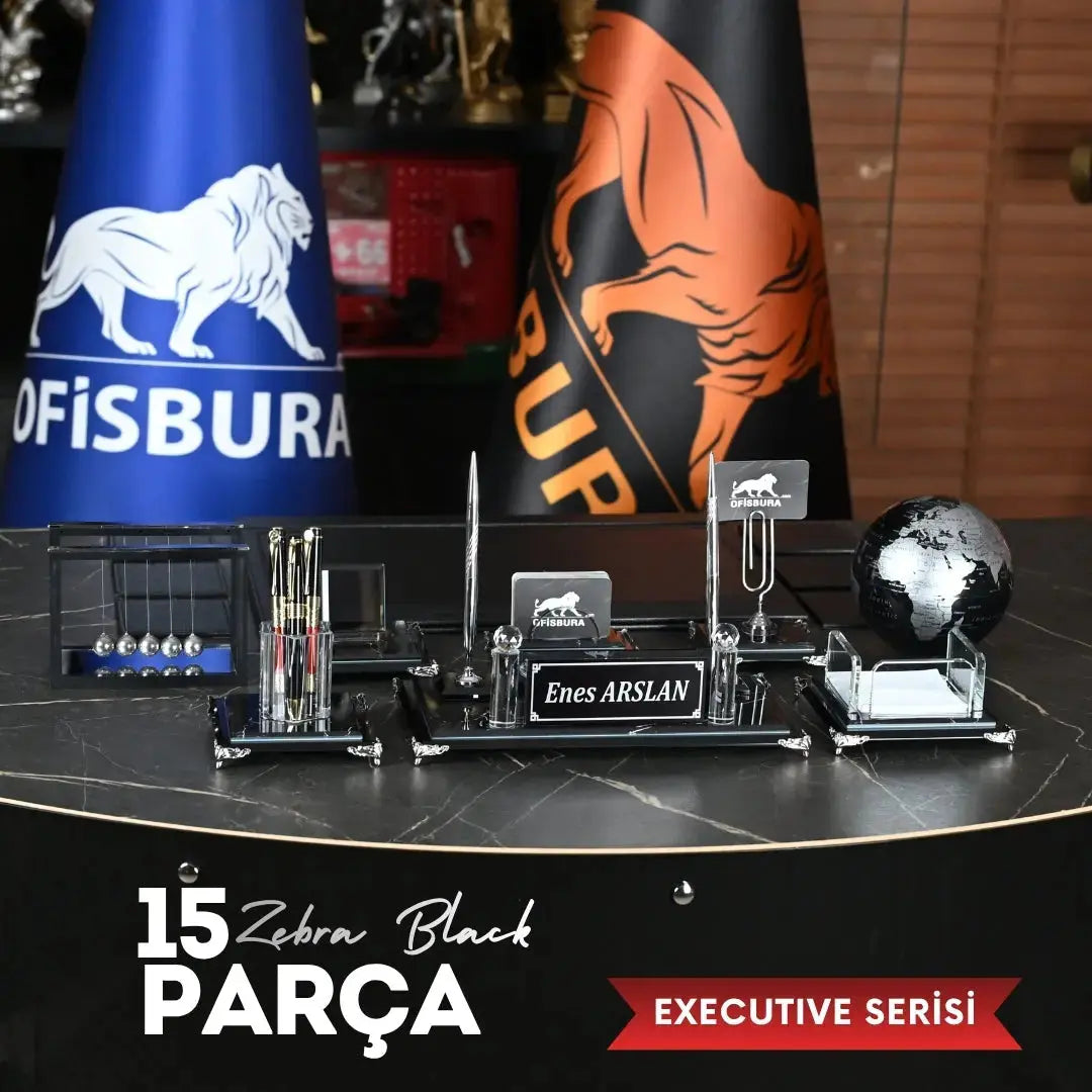 Zebra Black | Premium Kristal Masa Üstü İsimlik Seti - 15 Parça - Lüks Ofis Masaüstü Sümen Takımı Ofisbura