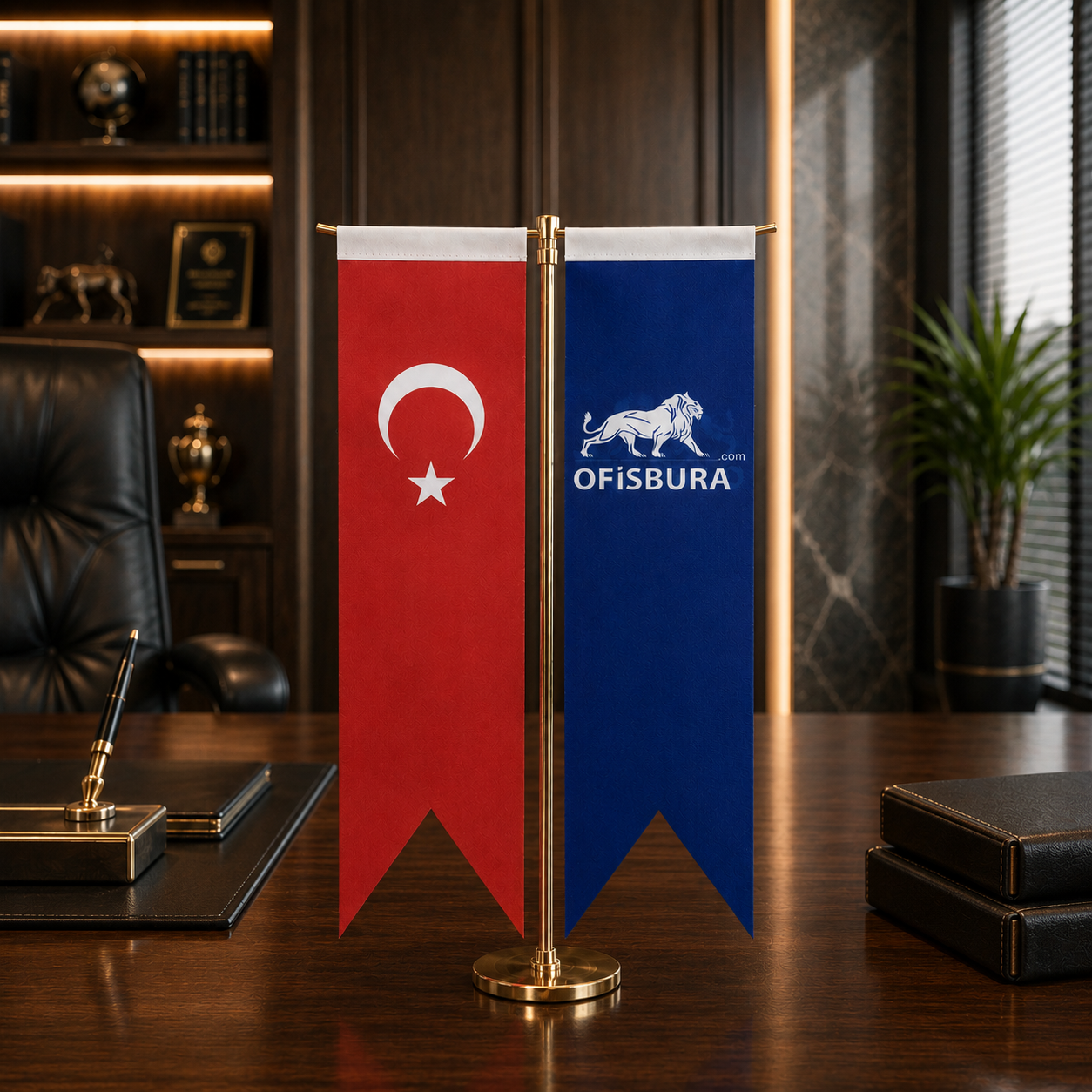 İkili T Masa Bayrağı Sarı Direkli - Kişiye Özel Logolu Masaüstü Bayrak Seti Ofisbura