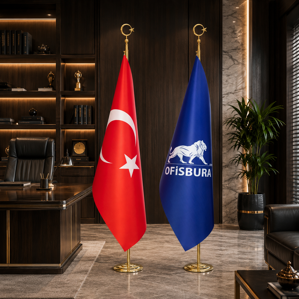 Makam Bayrağı Takımı Sarı Direk | Logolu ve Türk Bayrağı ofisbura