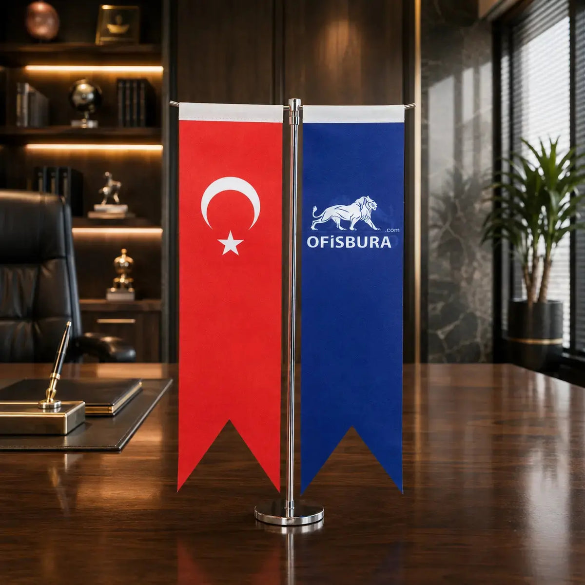 İkili T Masa Bayrağı Krom Direkli - Kişiye Özel Logolu Masaüstü Bayrak Seti ofisbura