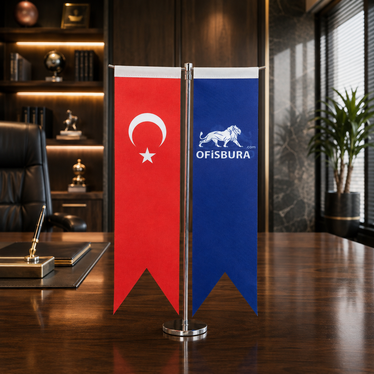 İkili T Masa Bayrağı Krom Direkli - Kişiye Özel Logolu Masaüstü Bayrak Seti ofisbura