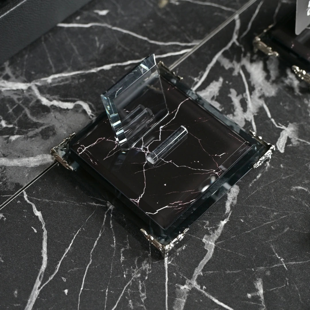 Zebra Black Deri Kutulu 6 Parça Kristal Masa Seti - İsme Özel VIP Ofis Hediyesi