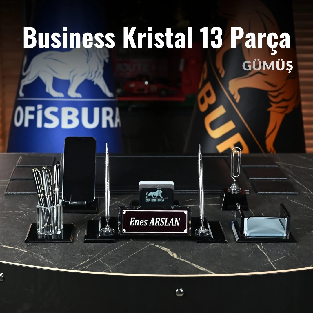 VIP 13 Parça Kristal Siyah Sümen Takımı - Kişiye Özel Masaüstü İsimlik Seti