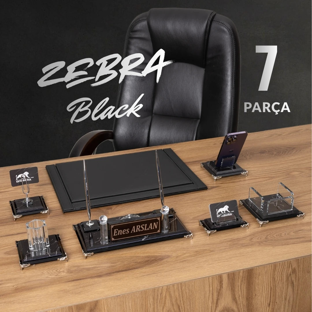 Kişiye Özel Kristal Masa İsimliği Seti – 7 Parça Premium Ofis Takımı  - Zebra Black