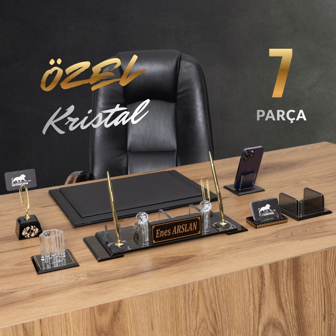 Klasik Altın Kristal Sümen Takımı ve Masaüstü İsimlik Seti (7 Parça)