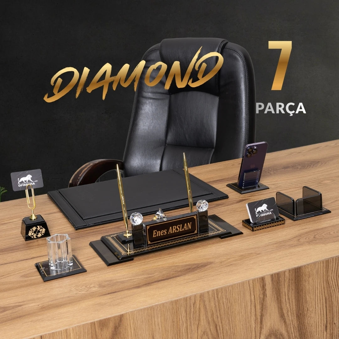 Diamond 7 Parça Kristal Makam Sümen Takımı ve Masa İsimliği Seti