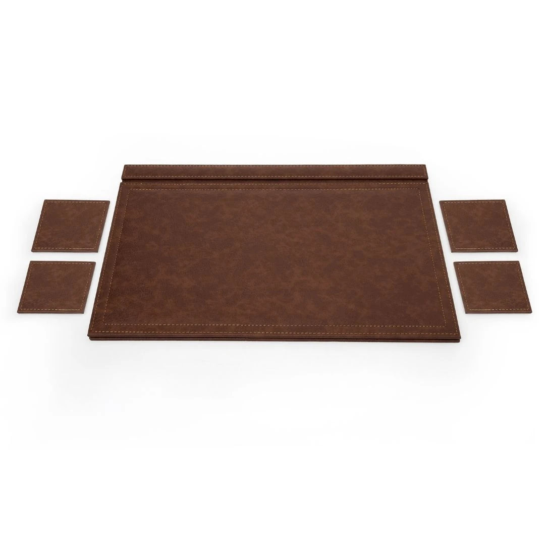 Kapaklı Büyük Deri Sümen Takımı - Taba | 50x35 cm  ( 4 Adet Bardak Altlığı Hediyeli )