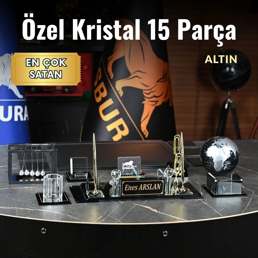 15 Parça Kristal Sümen Takımı ve Masa İsimliği Seti - Büyük Boy İsimlik Altın Detay Aksesuarlı