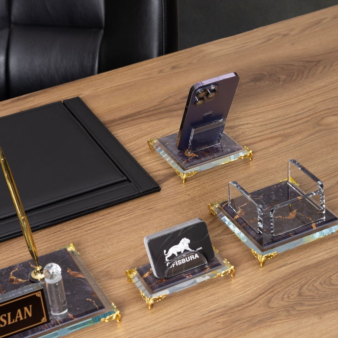 Elegance 7 Parça Kristal Makam Sümen Takımı ve Masaüstü İsimlik Seti