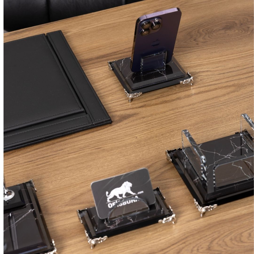 Kişiye Özel Kristal Masa İsimliği Seti – 7 Parça Premium Ofis Takımı  - Zebra Black