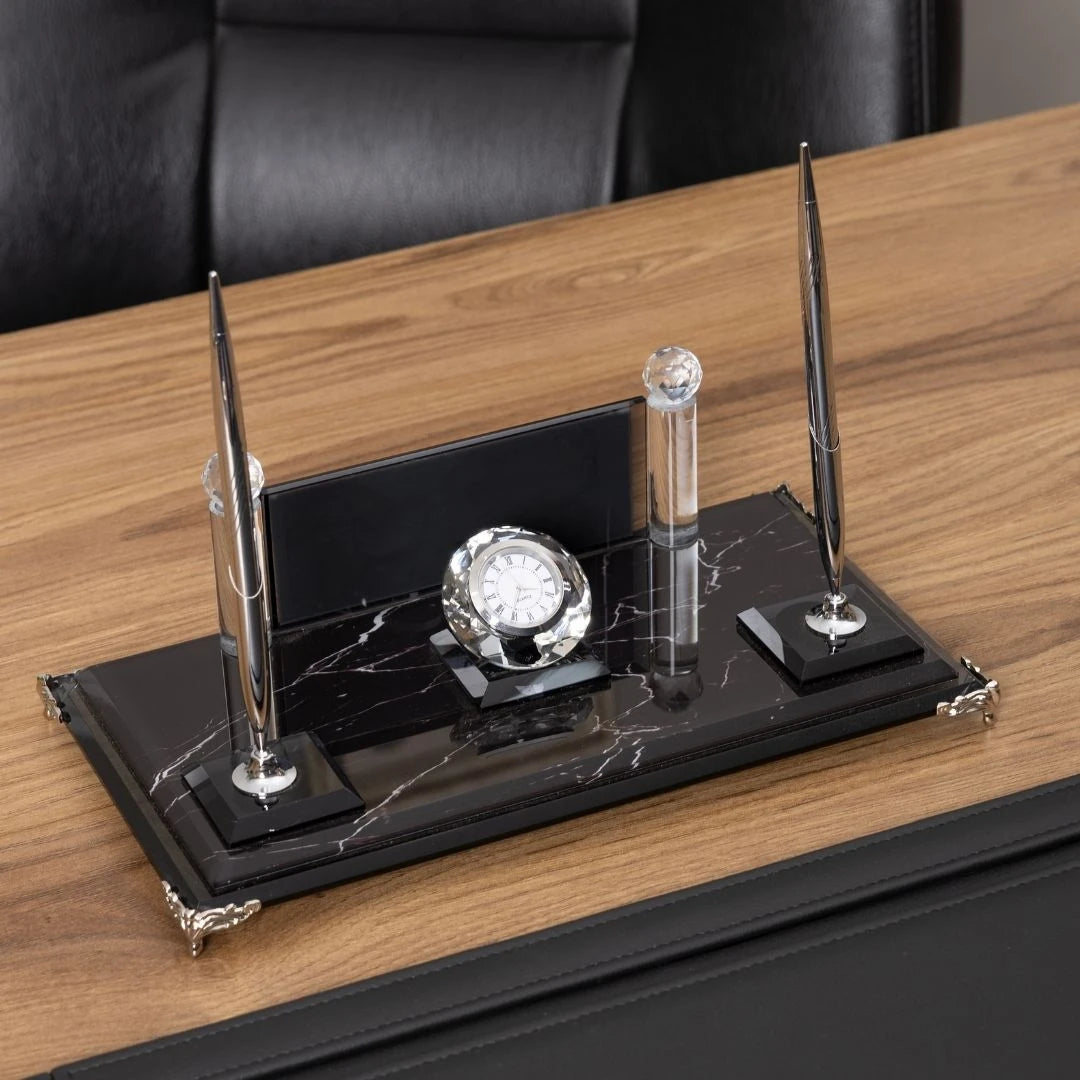 9 Parça Zebra Black Kristal Masa Üstü Seti - Gümüş Detaylı Denge Toplu Makam Takımı