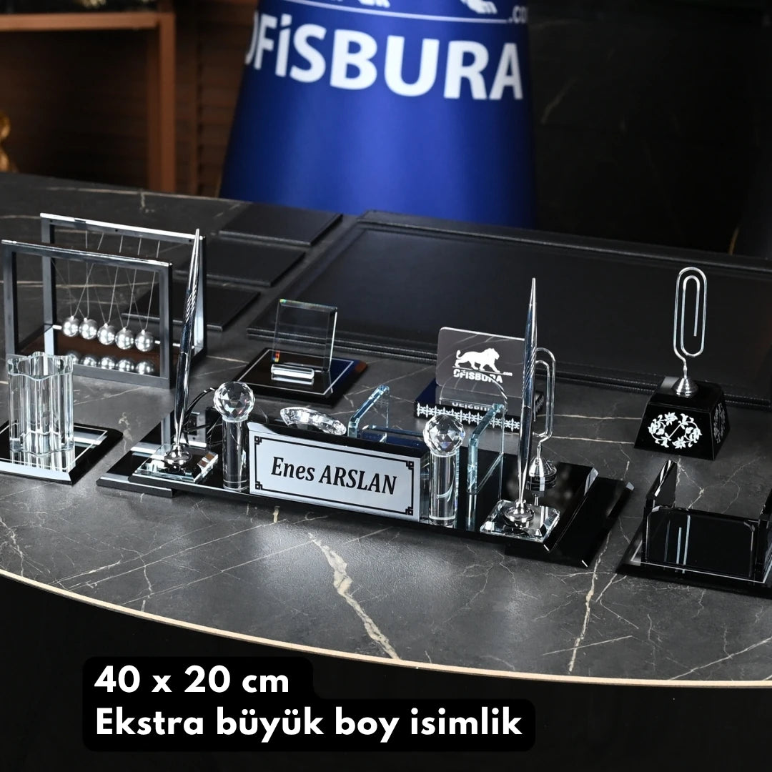15 Parça Kristal Sümen Takımı ve Masa İsimliği Seti - Büyük Boy İsimlik Gümüş Detay Aksesuarlı