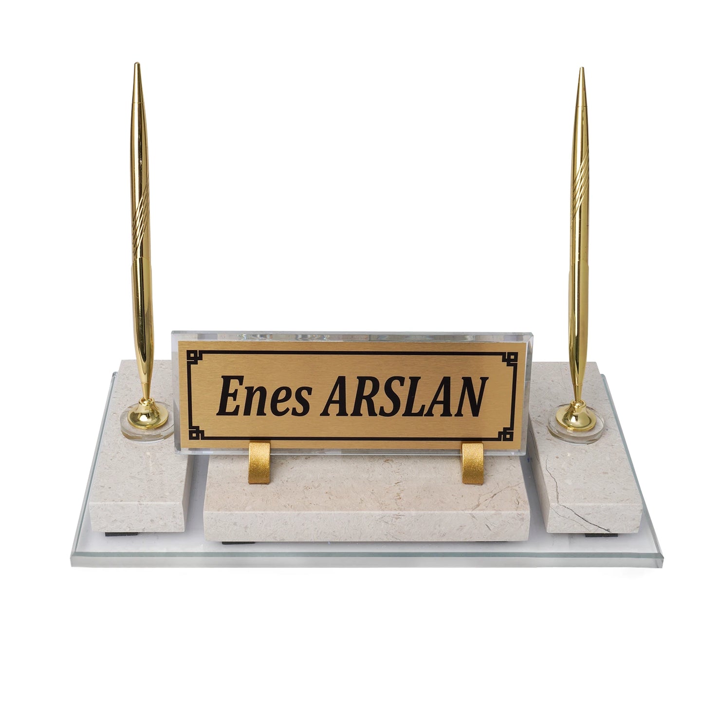 Efes Krem Altın Detaylı Doğal Mermer | Lüks Masa İsimliği Seti - 30 × 16 Cm