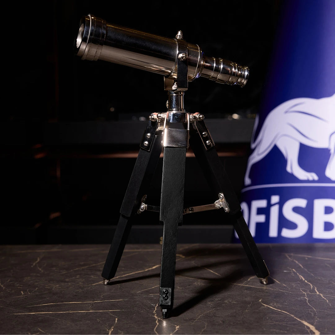 Teleskop Siyah Ahşap Ayaklı Gümüş 35 cm - Lüks Ofis Objesi