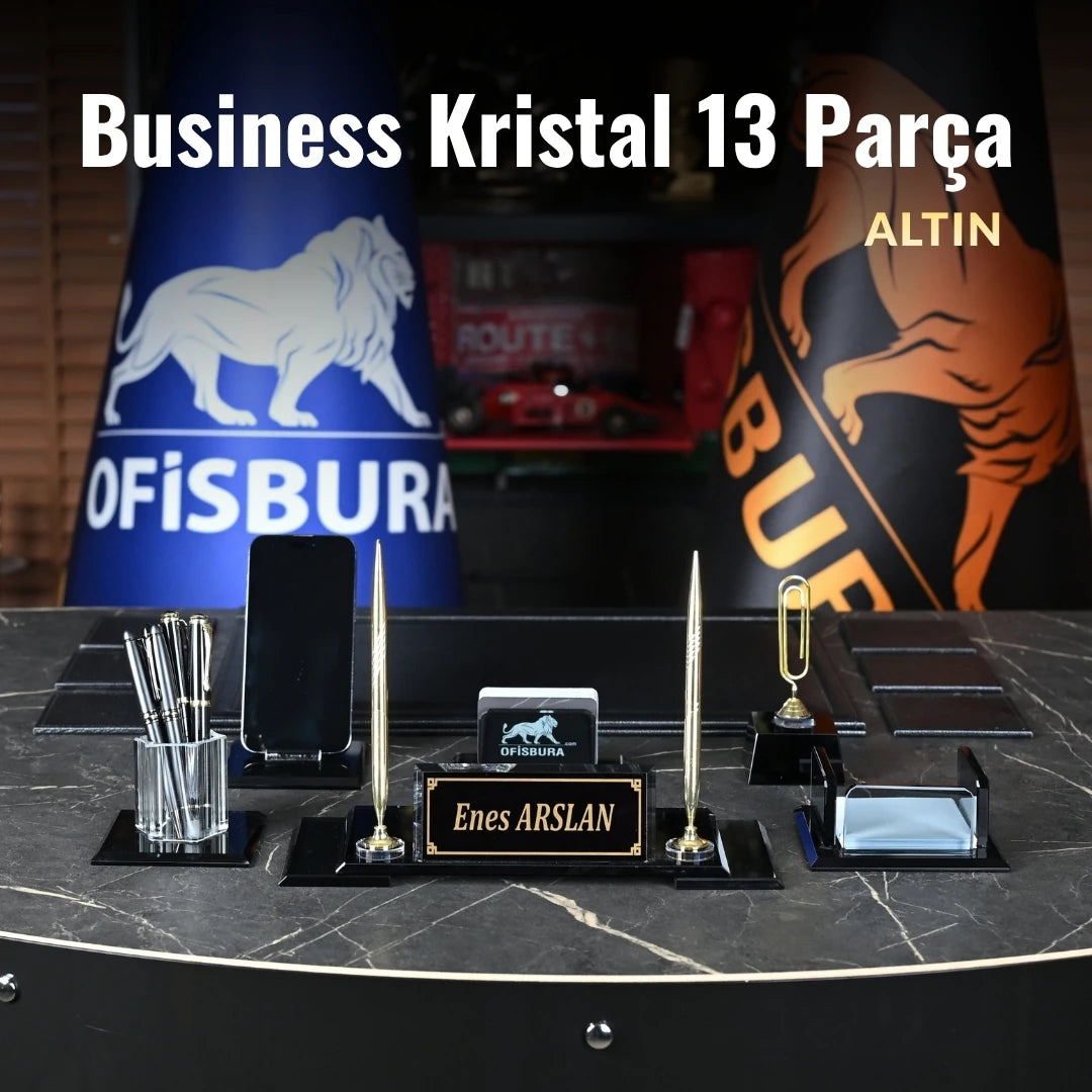 VIP 13 Parça Kristal Siyah Sümen Takımı - Kişiye Özel Masaüstü İsimlik Seti Altın Detaylı