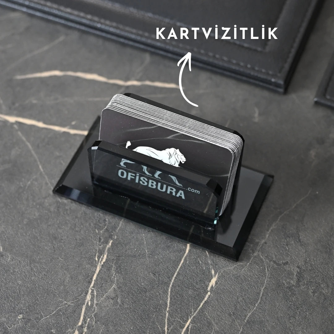 VIP 13 Parça Kristal Siyah Sümen Takımı - Kişiye Özel Masaüstü İsimlik Seti