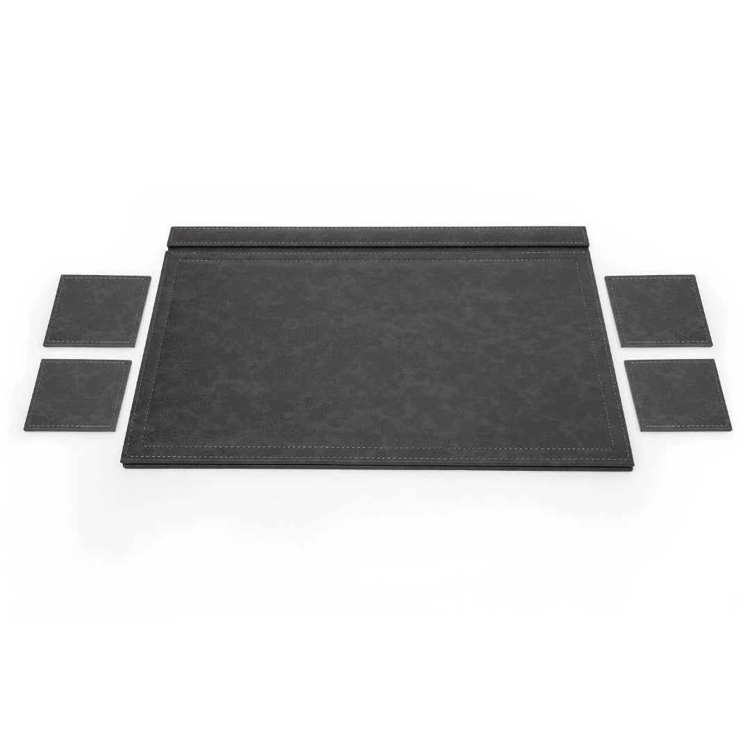 Kapaklı Büyük Deri Sümen Takımı - Antrasit | 50x35 cm  ( 4 Adet Bardak Altlığı Hediyeli )