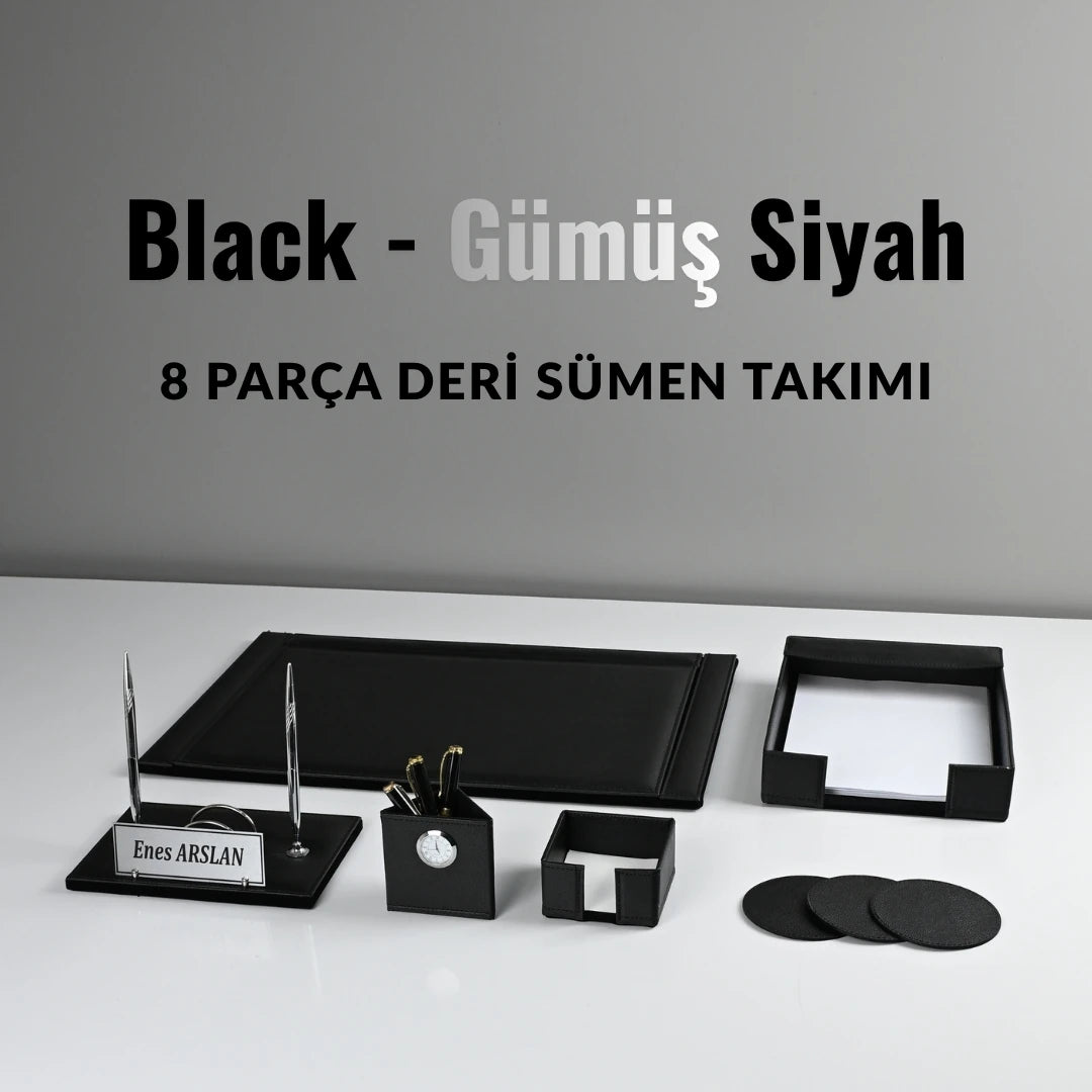 Black - Gümüş Siyah 8 Parça Deri Sümen Takımı