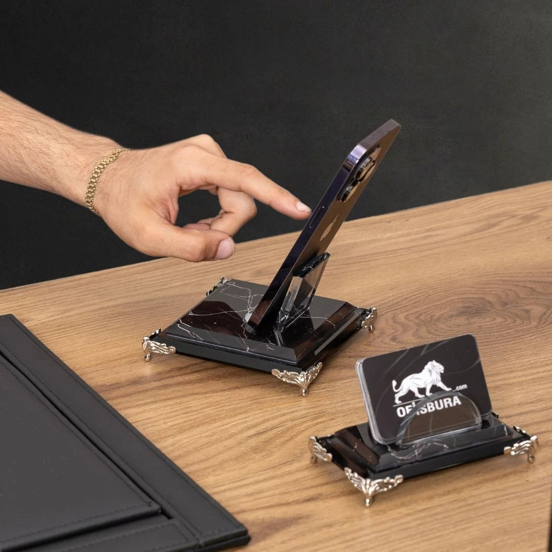 9 Parça Zebra Black Kristal Masa Üstü Seti - Gümüş Detaylı Denge Toplu Makam Takımı