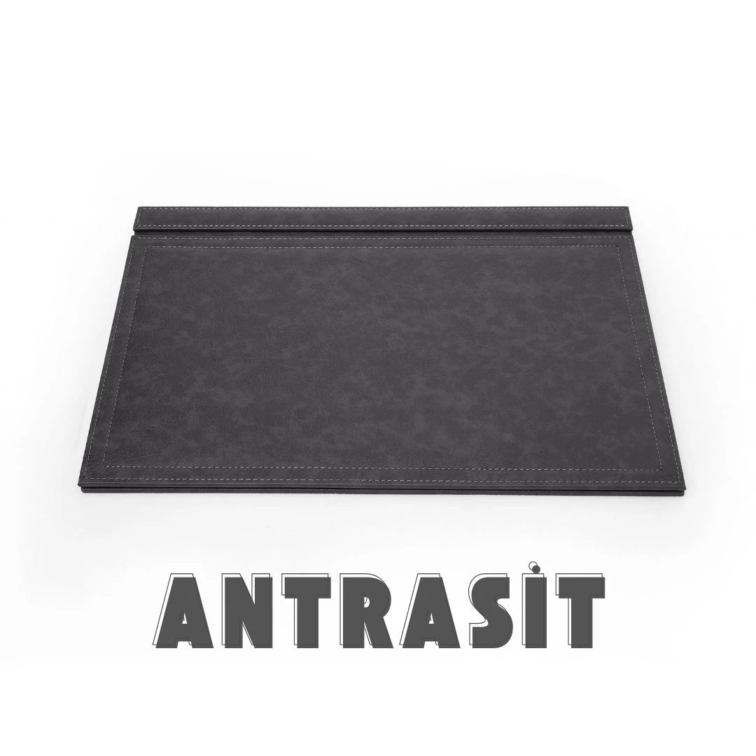 Kapaklı Büyük Deri Sümen Takımı - Antrasit | 50x35 cm  ( 4 Adet Bardak Altlığı Hediyeli )
