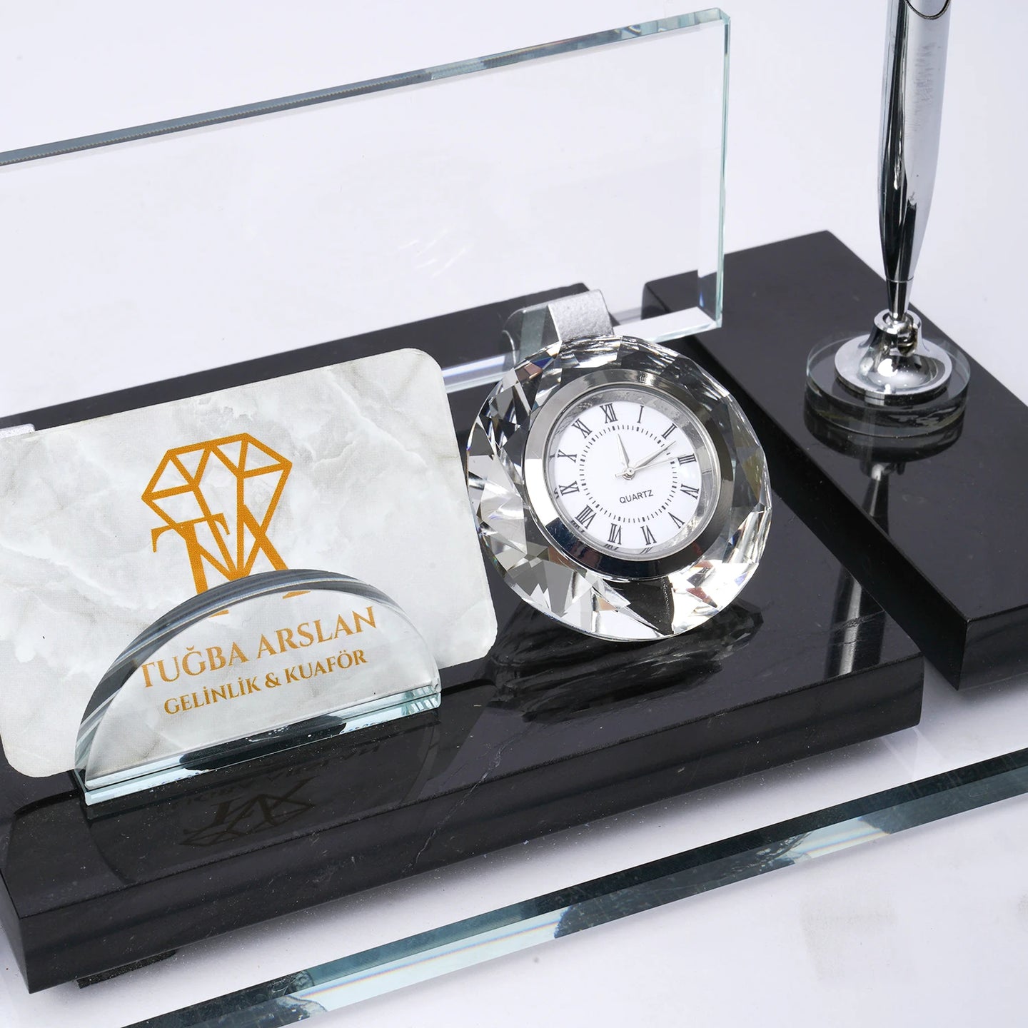 Efes Siyah Mermer Masa İsimliği | Gümüş Aksesuarlı Lüks Set - 30 × 16 Cm