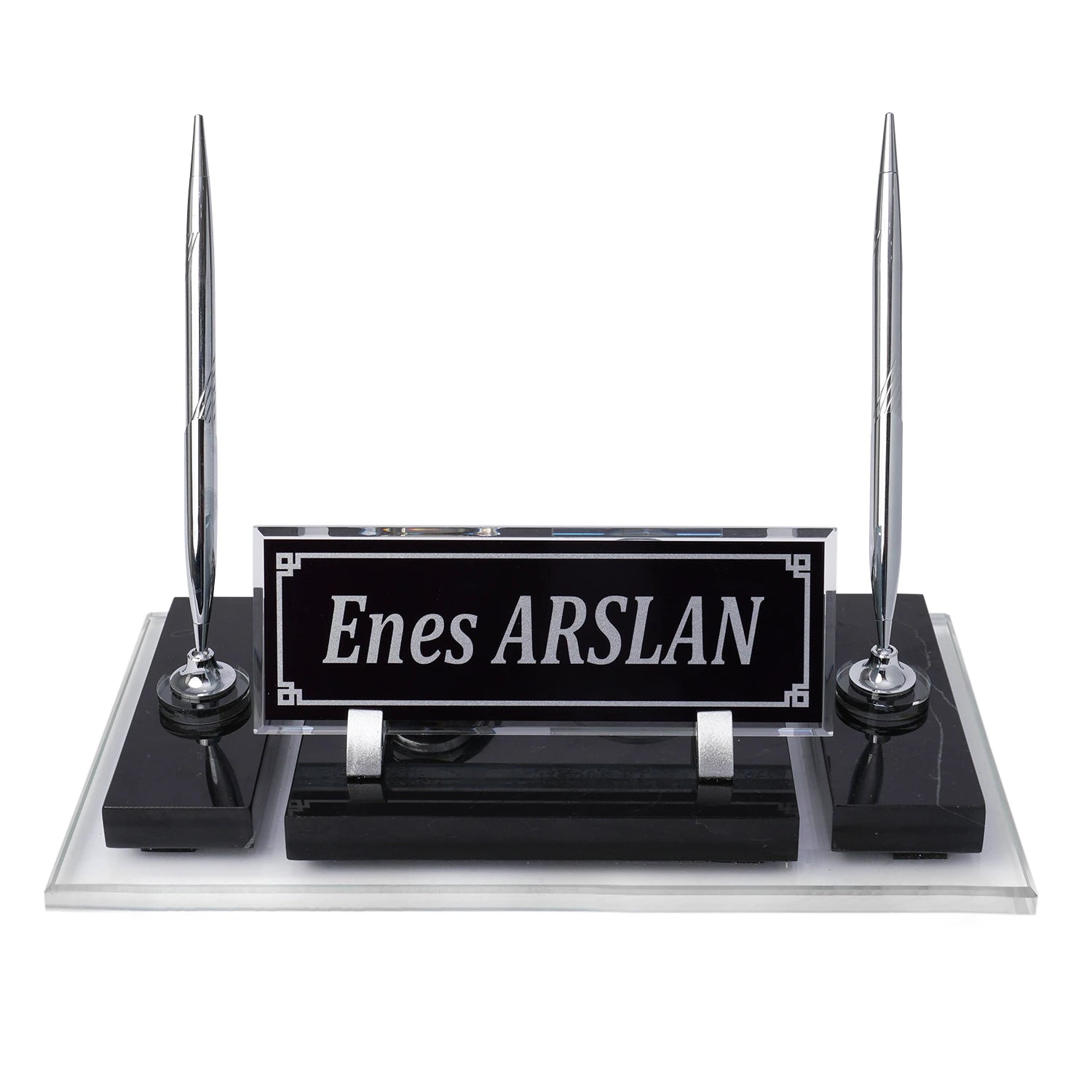 Efes Siyah Mermer Masa İsimliği | Gümüş Aksesuarlı Lüks Set - 30 × 16 Cm