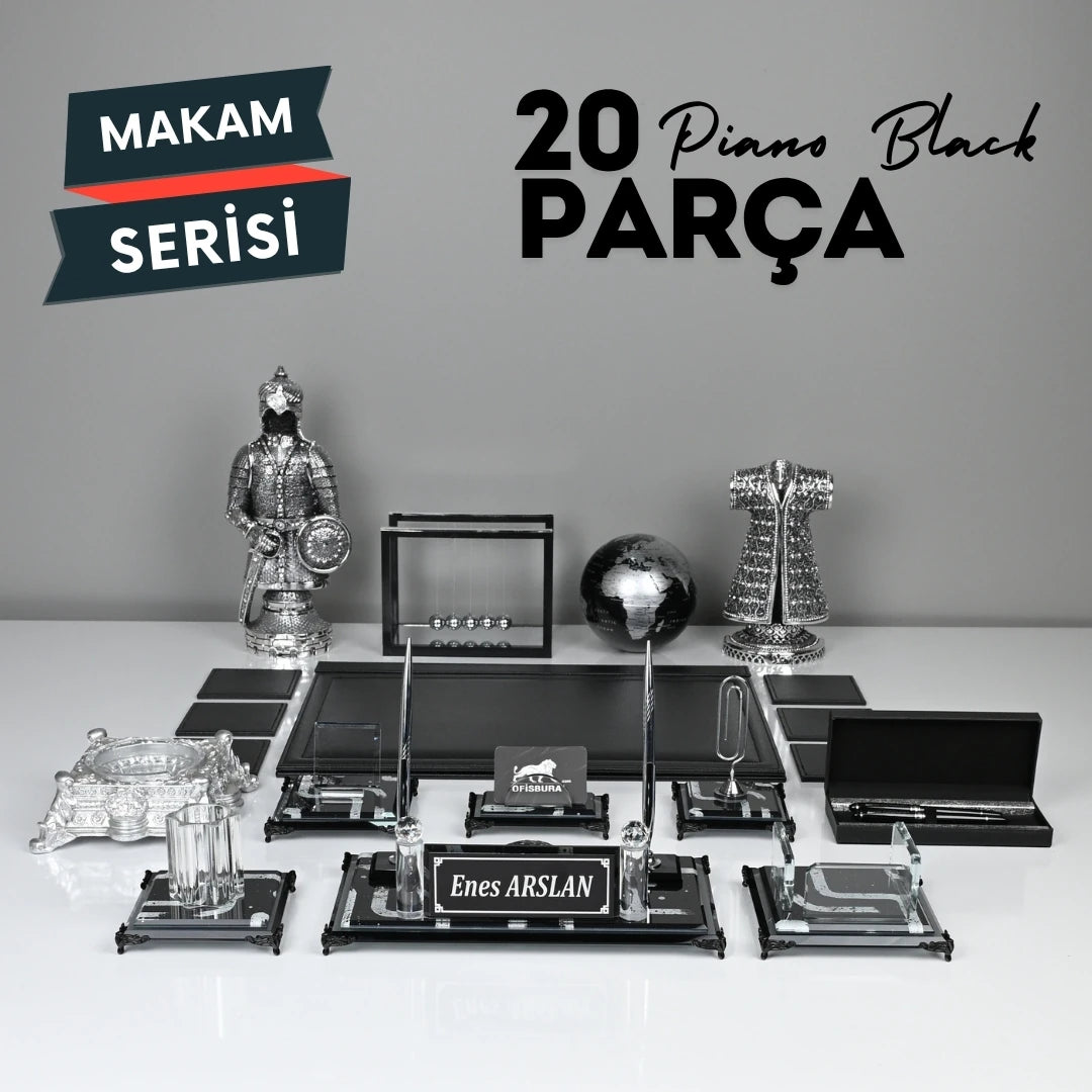 Piano Black 20 Parça Premium Kristal Sümen Takımı - Kişiye Özel Masa Üstü İsimlik Seti
