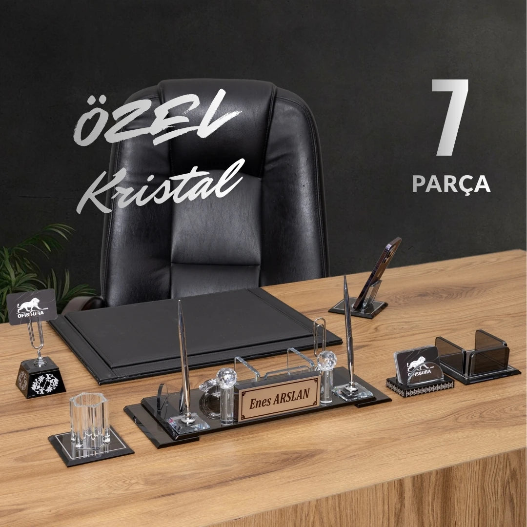 Premium Kristal Masa Üstü İsimlik Seti - Gümüş Detaylı (7 Parça)