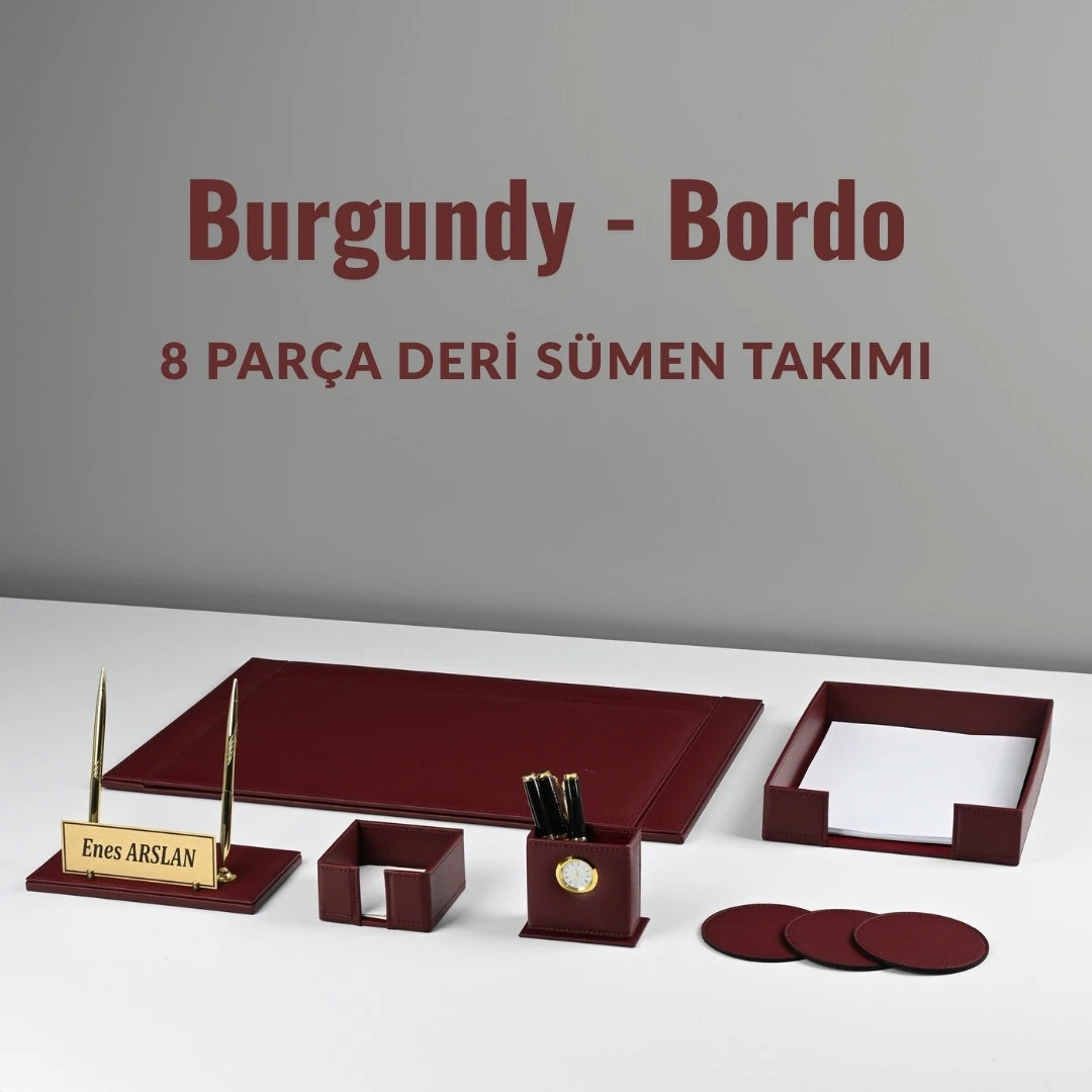 Burgundy - Bordo 8 Parça Deri Sümen Takımı