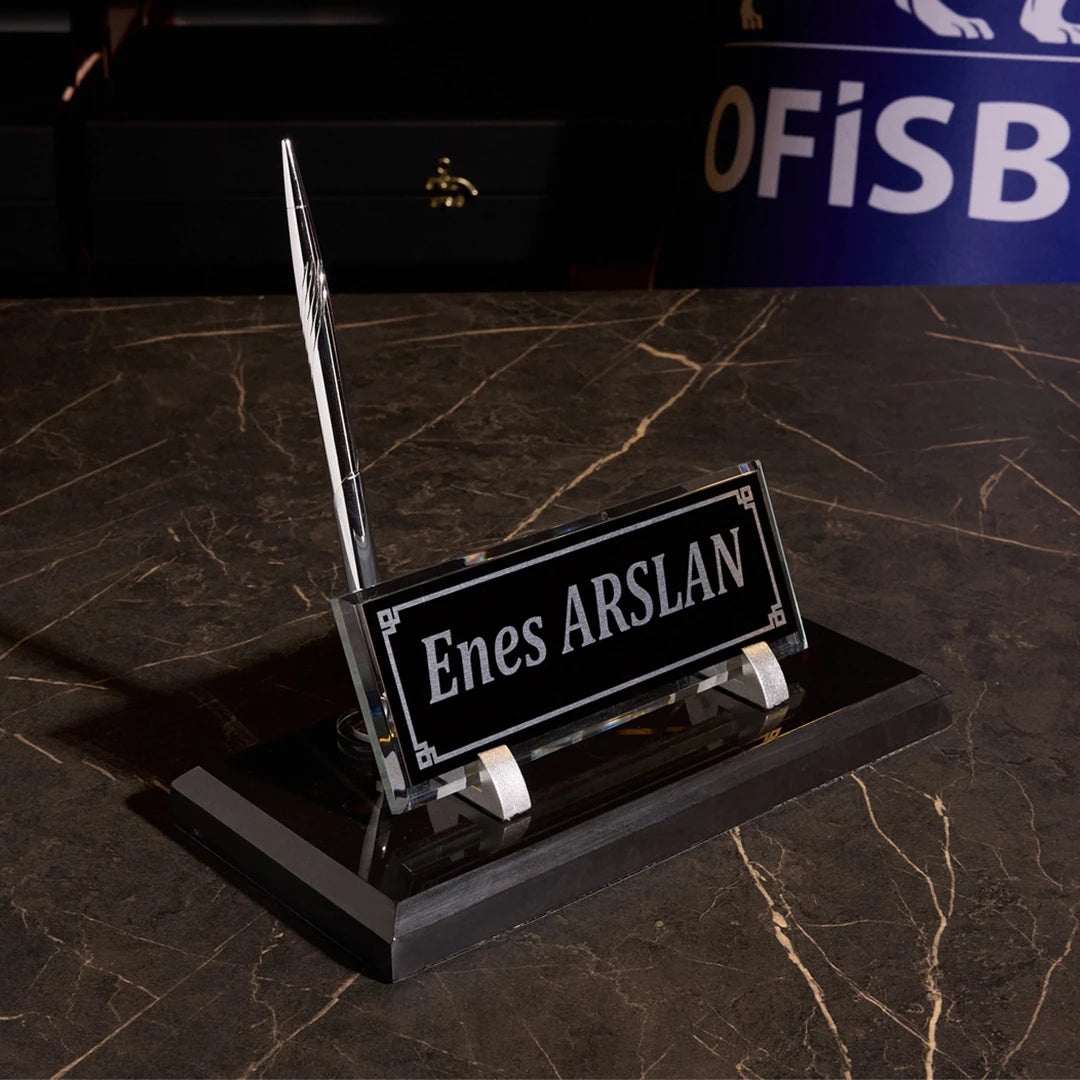 Siyah Mermer Masaüstü İsimlik Seti Gümüş Kalemli - Kişiye Özel Masa İsimliği