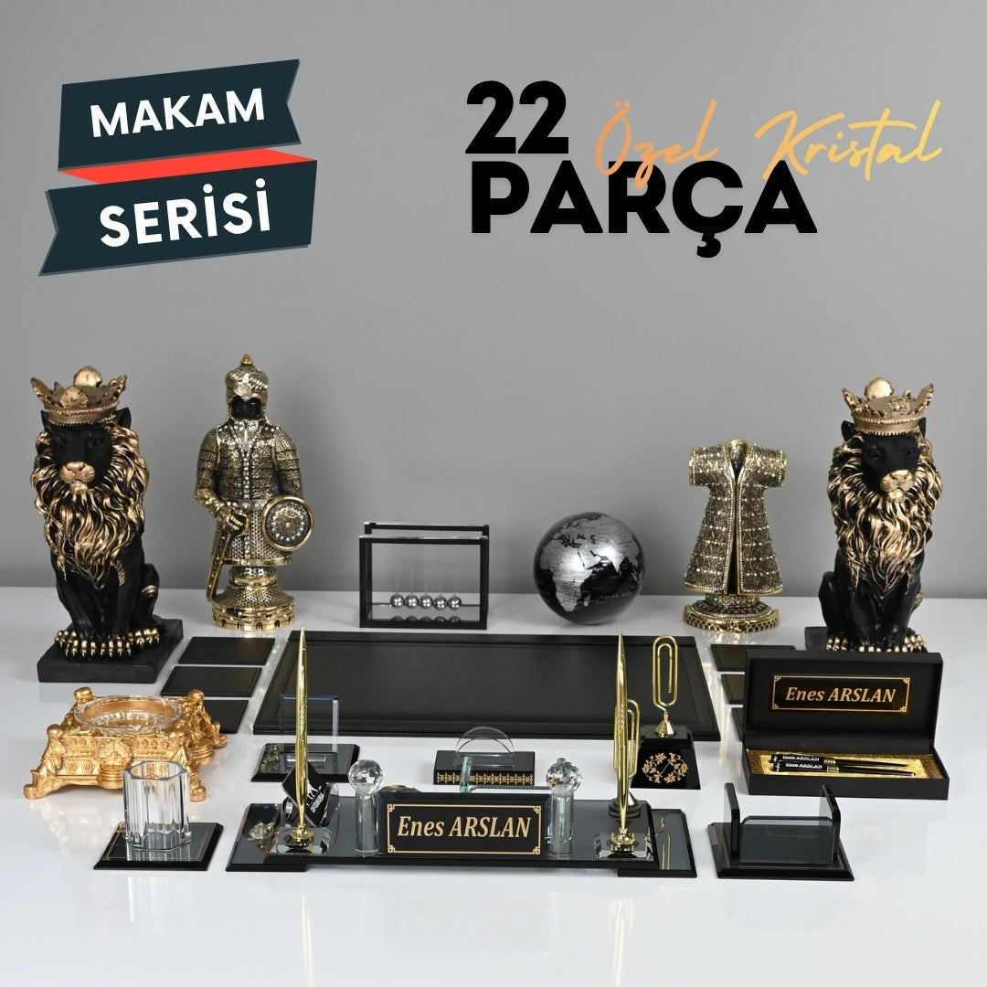 22 Parça Siyah Kristal Sümen Takımı ve Masa İsimliği Seti - Altın Detaylı