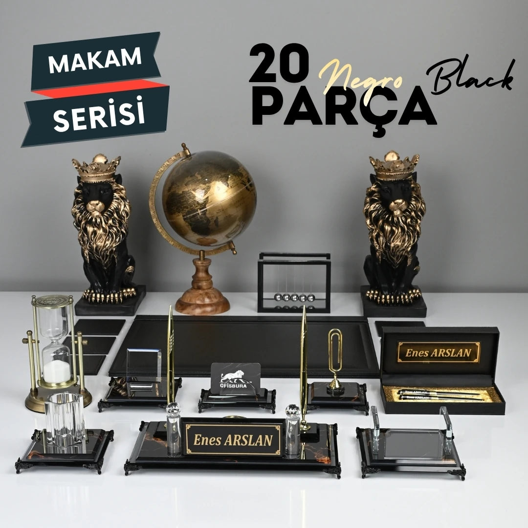 Negro | Premium Kristal Masa Üstü İsimlik Seti - 20 Parça -  Lüks Ofis Masaüstü Sümen Takımı